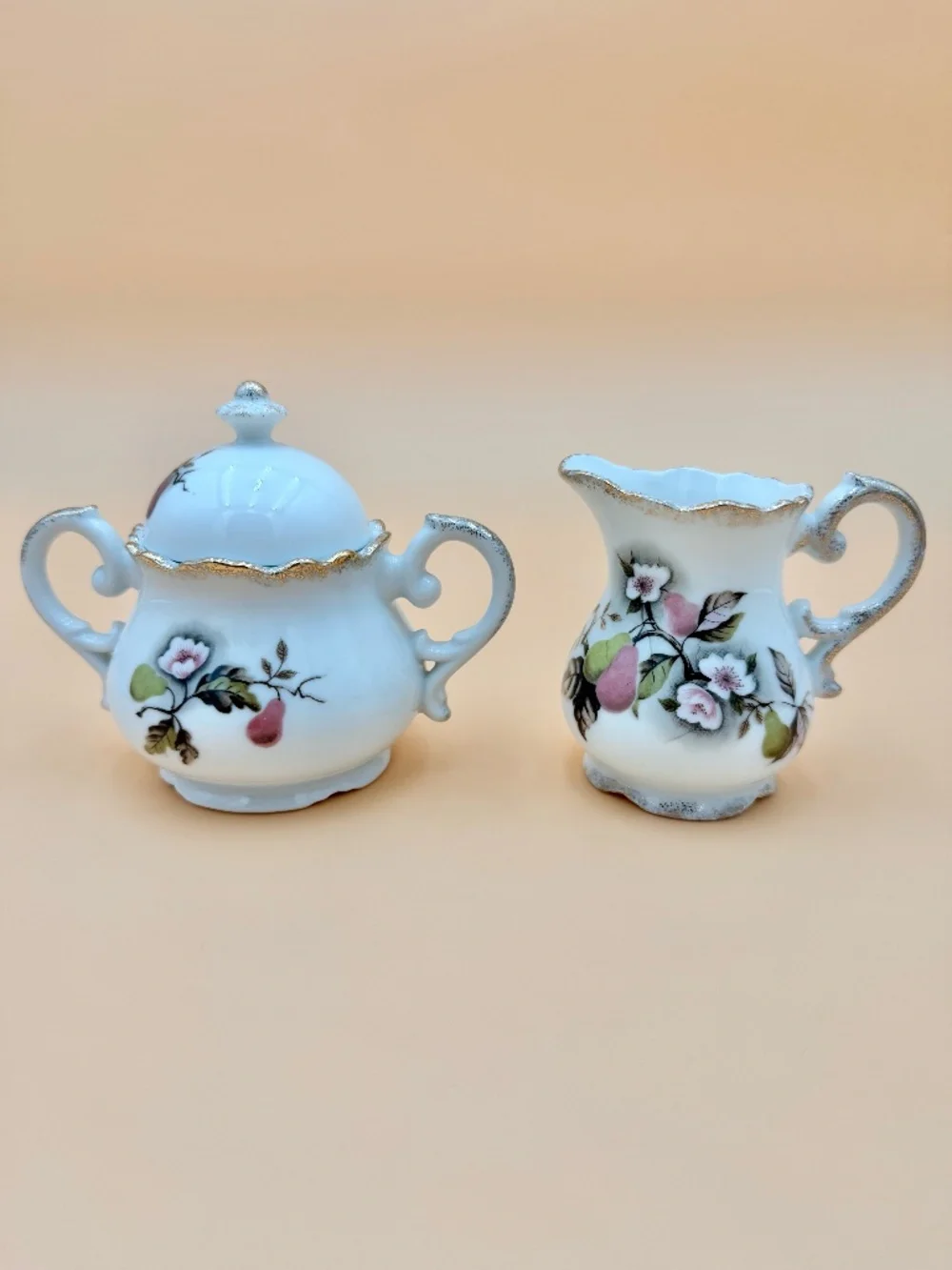 Vintage Lefton China Hand Painted Pear Blossom Creamer & Covered Sugar Bowl NE42